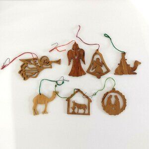 Vintage Lot of 7 Carved Olive Wood Christmas Tree Ornaments Bethlehem